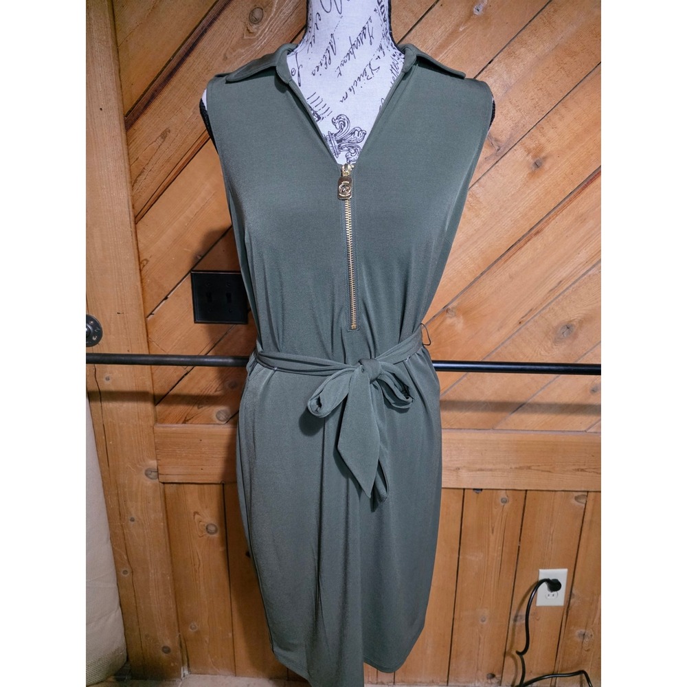 Olive Green Sleeveless Half Zip Sheath Dress with Belted Waist Gold Hardware NWT